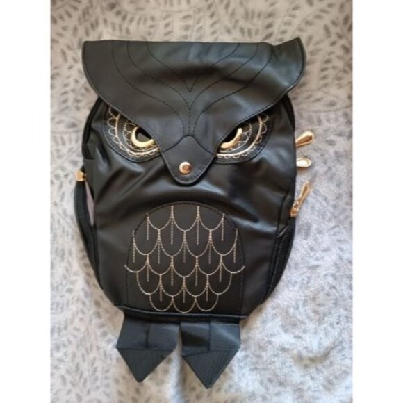 Owl Shaped Black Backpack Purse Gold Embroidery and Zippered Pockets - Picture 6 of 8